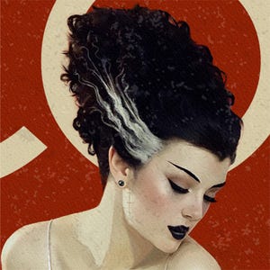 A close-up portrait of a woman with a distinctive hairstyle, featuring a large section of her hair styled in a way that resembles the Bride of Frankenstein's monster.