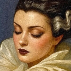 Puede incluir: Primer plano de un retrato de estilo vintage de una mujer con los ojos cerrados. Tiene cabello oscuro con una raya blanca, mejillas rosadas y l&aacute;piz labial burdeos oscuro. Viste una prenda color crema sobre un fondo azul.