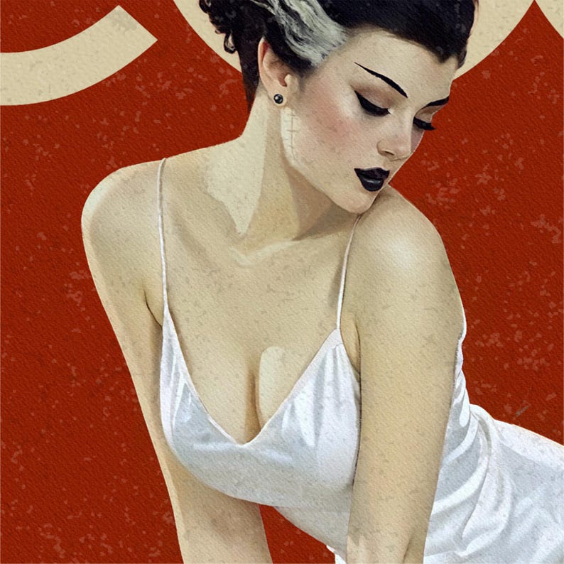 A close-up of a woman wearing a white dress, with a red background behind her.