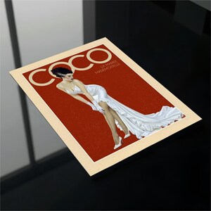 The image is a magazine cover featuring a woman in a white dress posing elegantly against a red background.