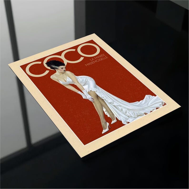 The image is a magazine cover featuring a woman in a white dress posing elegantly against a red background.