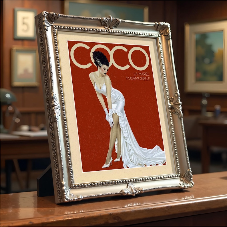 a framed vintage advertisement for a perfume called "Coco" by La Marie Mademoiselle.