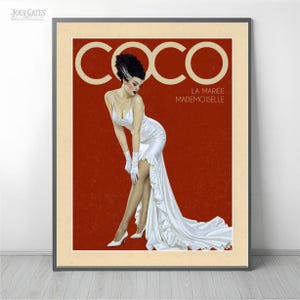 The image is a framed poster featuring a woman in a white dress posing against a red background.