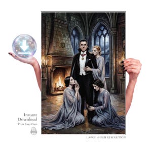 May include: A digital art print featuring a man in a black suit and cape standing in a stone castle room with a fireplace, flanked by three women in long grey dresses. The text reads Instant Download, Print Your Own, and LARGE + HIGH RESOLUTION.