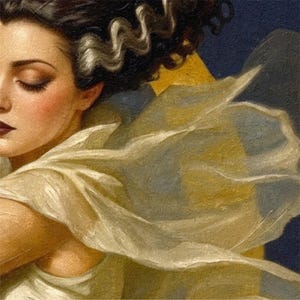 Puede incluir: Retrato de estilo vintage de una mujer con los ojos cerrados, cabello oscuro con mechones blancos y una tela fluida de color crema. El fondo tiene una combinaci&oacute;n de colores azul oscuro y amarillo, creando una est&eacute;tica art&iacute;stica cl&aacute;sica.