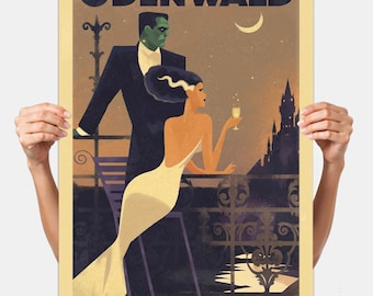 Póster de viaje vintage de Frankenstein y su novia: Arte mural de terror gótico