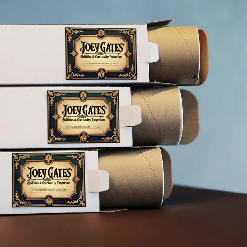 Puede incluir: Tres cajas blancas apiladas, cada una con un p&oacute;ster enrollado en su interior. El logotipo "Joey Gates Oddities & Curiosity Emporium", en un marco dorado y verde azulado, aparece en cada caja. La direcci&oacute;n del sitio web tambi&eacute;n es visible.