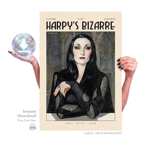 May include: A digital poster titled HARPY'S BIZARRE featuring an illustration of a person with long black hair, wearing a black dress with spiderweb-patterned sleeves. The text includes OCTOBER 1933, 15 FR-18 PARIS, 50 CENTS, 2/6 IN LONDON, PARIS, MILAN, SALEM.