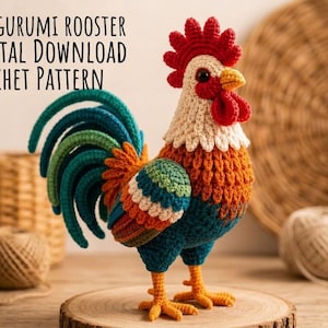 May include: A crocheted amigurumi rooster with a red comb and wattle, a cream-colored neck, and a body featuring orange, teal, and green feathers. The text AMIGURUMI ROOSTER DIGITAL DOWNLOAD CROCHET PATTERN is visible along with a PDF icon.