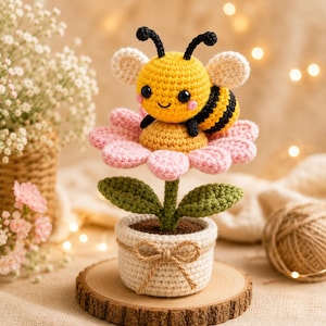 Puede incluir: Una abeja de ganchillo se posa sobre una flor rosa, con hojas verdes y una maceta blanca atada con hilo. La abeja es amarilla y negra, con antenas negras y mejillas rosadas. La maceta está sobre una rodaja de madera, con un fondo de flores e iluminación suave.