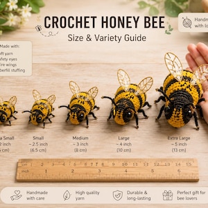 May include: Five crochet honey bees in sizes ranging from extra small to extra large, displayed with a wooden ruler showing measurements from 2 to 5 inches. The bees feature yellow and black yarn bodies, black safety eyes, and wire wings.