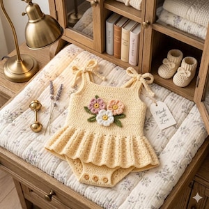 May include: A pale yellow crocheted romper featuring a ruffled skirt, shoulder ties, and a central floral applique with pink, peach, and white petals and green leaves. A white tag attached to the shoulder reads Made with Love in black script.