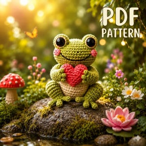 Puede incluir: Una rana de ganchillo verde, con mejillas rosas y grandes ojos negros, sostiene un corazón rojo. Está sentada sobre una piedra cubierta de musgo. Un hongo rojo y blanco y una flor de loto rosa están en el fondo. El texto "PDF PATTERN" es visible.