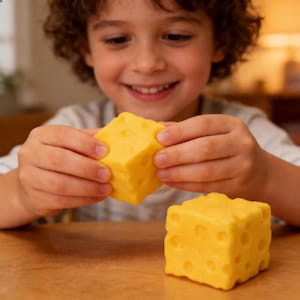 May include: Two bright yellow, cube-shaped toys resembling Swiss cheese. The toys have numerous holes and are sitting on a wooden surface. One toy is held by a person, and the other is resting on the table.