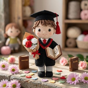 Patrón de ganchillo para niño graduado en PDF, muñeco amigurumi con birrete y toga, recuerdo de ramo de diplomas, regalo de graduación a ganchillo, patrón de regalo para el último año de instituto.