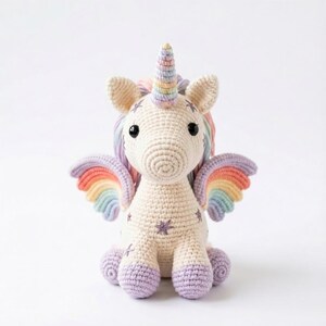 May include: A crocheted unicorn with rainbow wings and a horn. The plush toy is cream-colored with lavender accents on the hooves and embroidered details. The wings feature a rainbow gradient, and the mane is a mix of pastel colors.