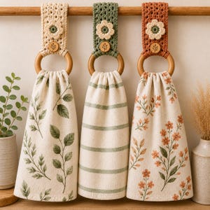 Crochet Towel Holder Pattern PDF, Boho Flower Wooden Ring Towel Topper, Kitchen Towel Hanger Set of 3, Intermediate, Instant Download