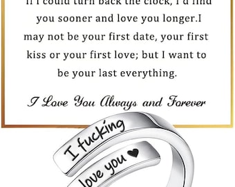 I Fcking Love You Engraved Stainless Steel Heart Spiral Wrap Adjustable Promise Ring for Women