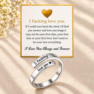 I Fcking Love You Ring for Women, Adjustable Engraved Stainless Steel Heart Wrap