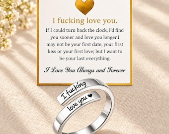 I Fcking Love You Ring for Women, Adjustable Engraved Stainless Steel Heart Wrap