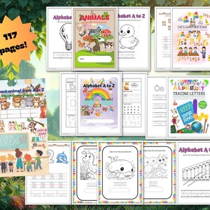 May include: A collection of children's educational workbooks. The workbooks feature alphabet tracing, coloring pages, and counting exercises. The cover of one book reads "ANIMALS Coloring Book". The image also shows the text "117 pages!"