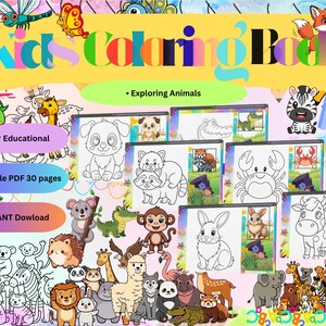 May include: A colorful digital coloring book for kids with the title "Kids Coloring Book" and the subtitle "Exploring Animals." The image features various animal illustrations, including a panda, raccoon, crab, and cow. The book is advertised as fun, educational, and a printable PDF with 30 pages.