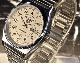 Vintage Seiko 5 Automatic Watch, White Dial, Stainless Steel Band