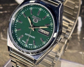 vintage Montre-bracelet automatique Seiko 5 pour homme, cadran vert avec bracelet en acier inoxydable