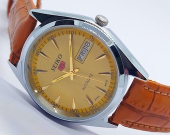 Vintage Seiko 5 Automatic Watch, Yellow Dial, Leather Band