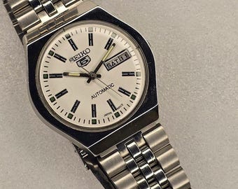 Vintage Seiko 5 Automatic Watch: Restored, White Dial, Stainless Steel Band