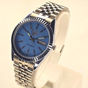 Vintage Seiko 5 Automatic Sky Blue Dial Watch, Stainless Steel Band