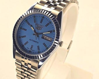 Vintage Seiko 5 Automatic Sky Blue Dial Watch, Stainless Steel Band
