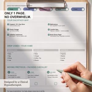 Puede incluir: Un portapapeles de madera con una lista de verificación impresa titulada "Stop the Panic. Start the Flow". La lista de verificación incluye secciones para "Drop Zones", "Moving Protocol" y "Your Backpack Map". Una mano sostiene un bolígrafo, lista para completar el formulario. El texto en el formulario dice "Designed by a Clinical Hypnotherapist."