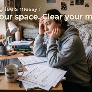 Peut inclure: Une personne est assise à un bureau avec un ordinateur portable, des livres et une tasse à café avec l'inscription "CAFFEINE & ESSAYS". Le texte de l'image dit : "Tout semble désordonné ? Faites le vide. Faites le vide dans votre esprit."