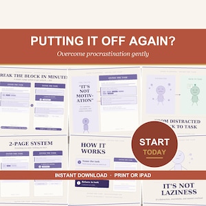 May include: A digital productivity planner template featuring the text PUTTING IT OFF AGAIN? OVERCOME PROCRAINATION GENTLY. The layout includes sections titled BREAK THE BLOCK IN MINUTES, 2-PAGE SYSTEM, HOW IT WORKS, and START TODAY with purple and white graphics.