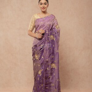 Sari de viscosa morado / Sari con lentejuelas y bordado Jaal hechos a mano / Sari para damas de honor / Atuendo tradicional / Regalo para mujer
