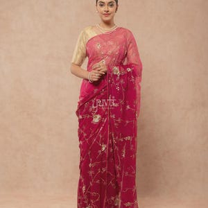 Wine Shaded Viscose Chiffon Saree With Aari Sequins Jaal Handwork & Blouse | Gift For Her |Wedding Saree | Reception Saree |Function Saree |
