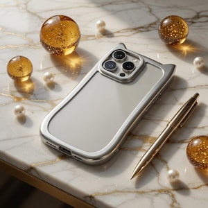 May include: A silver phone case with a clear back and a unique cat ear design. The case is next to a gold pen, decorative glass spheres with gold glitter, and scattered pearls on a marble surface.