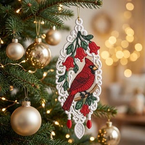 FSL Cardinal Lace Ornament Embroidery Design, Freestanding Lace Bird Hanging Ornament, Christmas Tree Decor Machine Embroidery