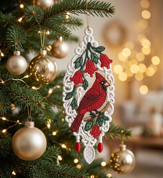 FSL Cardinal Lace Ornament Embroidery Design, Freestanding Lace Bird Hanging Ornament, Christmas Tree Decor Machine Embroidery