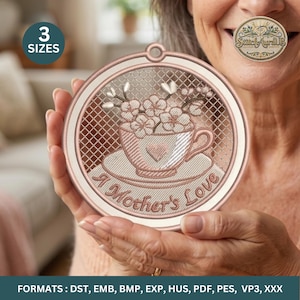 FSL Mother's Love theekopje borduurwerkornament, gebloemd kantontwerp (digitale download)