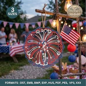 Broderidesign med fyrverkerier från 4 juli, patriotisk FSL-prydnad, spetshängande hängande med USA:s självständighetsdag, broderifil inspirerad av amerikansk flagga