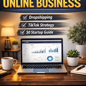 May include: A laptop showing business analytics is on a wooden desk, with a coffee cup and notepad. The image promotes starting an online business, with text highlighting dropshipping, TikTok strategy, and a £0 startup guide. The author's name is also visible.
