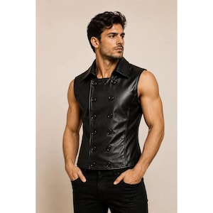 May include: A black sleeveless vest made of a smooth, leather-like material. The garment features a wide collar and a double-breasted front closure with eight round black buttons arranged in two vertical rows, paired with black pants.
