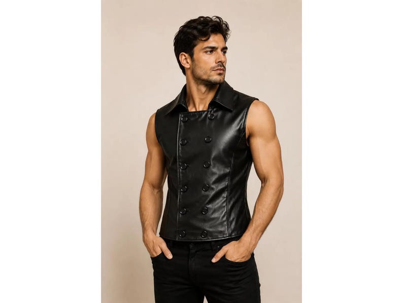 May include: A black sleeveless vest made of a smooth, leather-like material. The garment features a wide collar and a double-breasted front closure with eight round black buttons arranged in two vertical rows, paired with black pants.