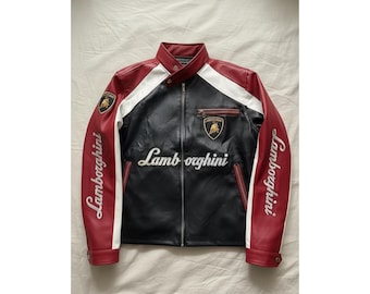 Lamborghini Leather Jacket Mens – Black Red Racing Biker Jacket, Motorsport Inspired Streetwear Coat