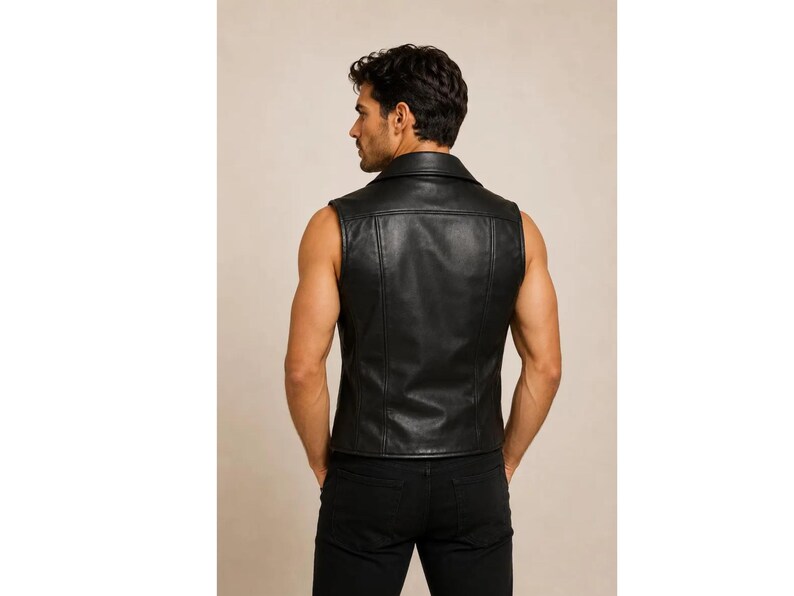 May include: A black sleeveless leather vest featuring a wide collar, vertical seam detailing on the back, and a fitted silhouette. The garment is worn over black trousers, showcasing a smooth texture and a clean, structured design throughout.
