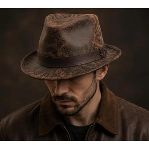 Op de afbeelding: Een bruine fedora-hoed met een verweerde, gebarsten leerachtige textuur en een gladde, donkerbruine band rond de kroon. De hoed heeft een ingedeukte kroon en een gestructureerde rand, wat zorgt voor een doorleefde uitstraling in bruintinten.