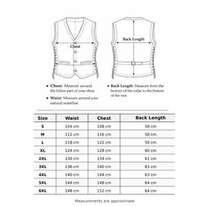 May include: A size chart for a vest featuring front and back line drawings with arrows indicating measurement points for chest, waist, and back length. A table lists sizes from S to 6XL with corresponding measurements in centimeters for each.