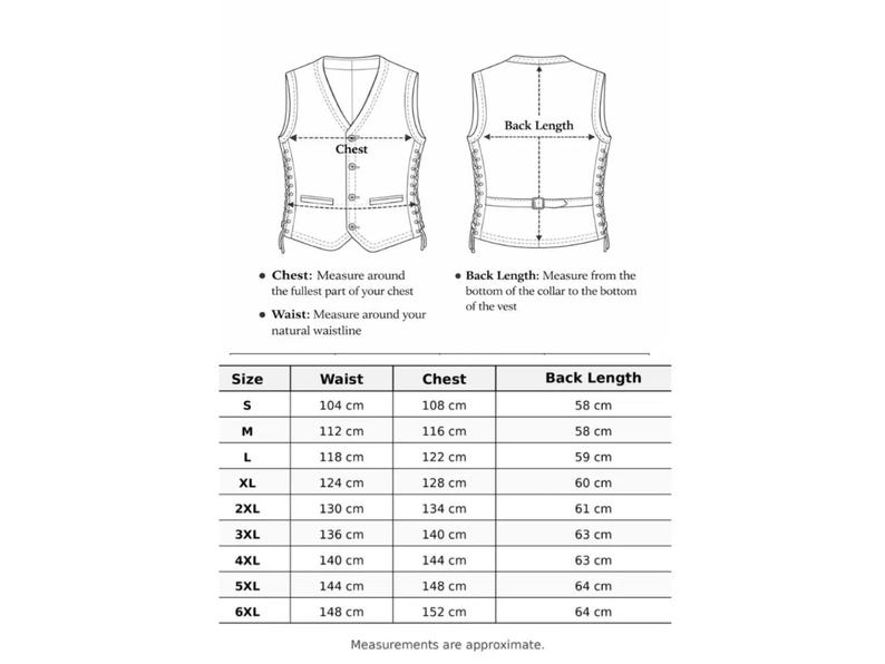May include: A size chart for a vest featuring front and back line drawings with arrows indicating measurement points for chest, waist, and back length. A table lists sizes from S to 6XL with corresponding measurements in centimeters for each.